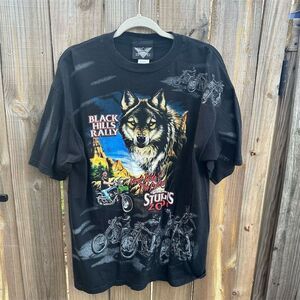 Vintage 2001 Sturgis Black Hills Rally T-Shirt XL Black Wolf Graphic AOP